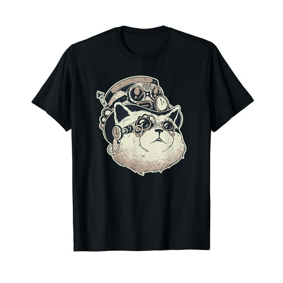 Vintage Steampunk Cat With Googles and Hat Cotton T-Shirt