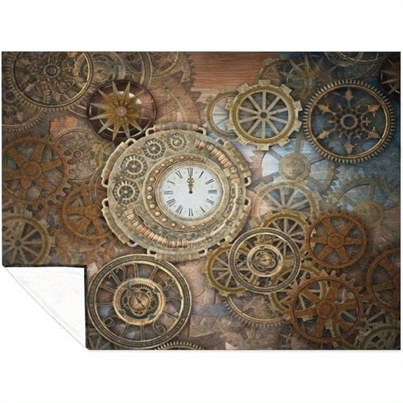 Vintage Steampunk Clock & Gear Design Flannel Throw Blanket - Soft, Warm, Lightweight Polyester Cover for Sofa, Bed, Travel - Digital Print, All-Season Comfort, 250-300gsm, Allseason Throw | Mechanic