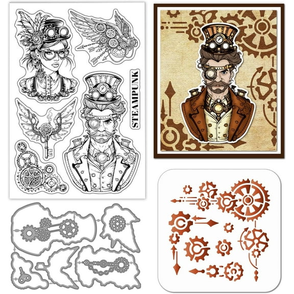 Vintage Steampunk Gentlemen and Lady Clear Stamps Cutting Dies Painting Stencils for Card Making Wings Key Silicone Stamp Metal Chain Die Cuts Retro Gears PET Template for Scrapbooking