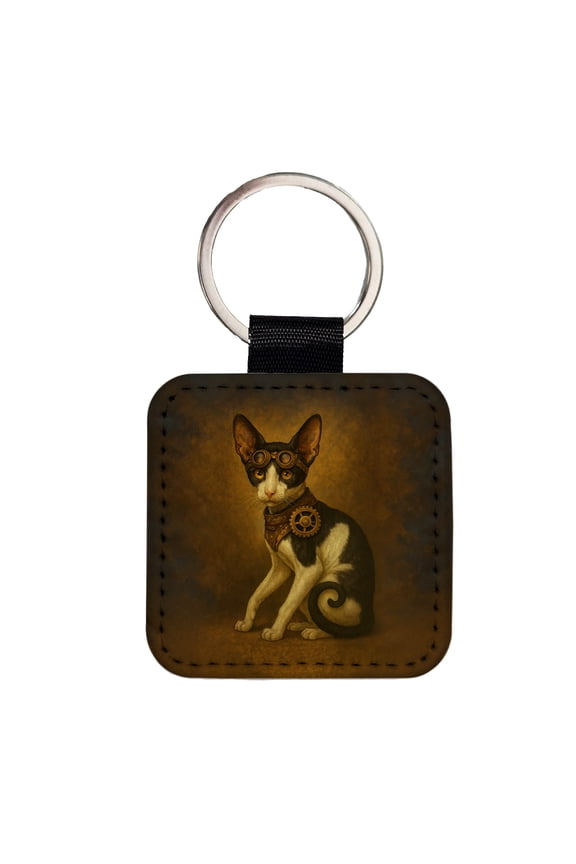 Vintage Steampunk Oriental Shorthair Cat Fantasy Painting Faux Leather Square Keychain