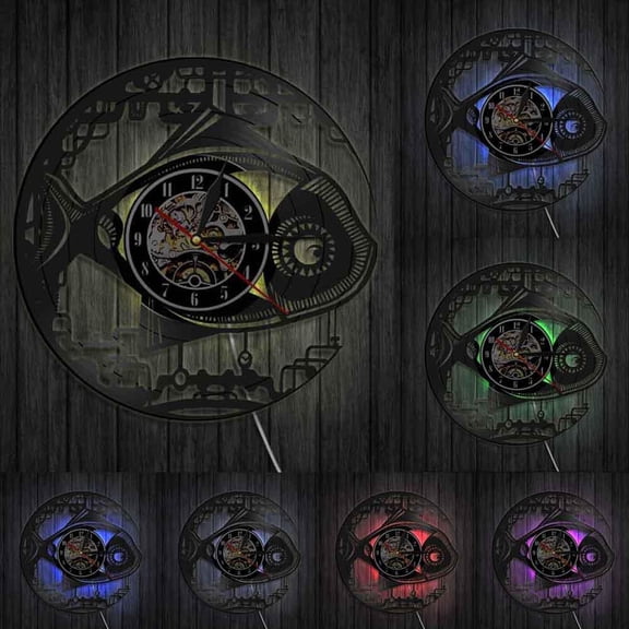 Vintage Steampunk Robot Fish Design Wall Clock Mechanical Fish Vinyl Record LP Clock Handmade Modern Wall Art Gear Fish Clock