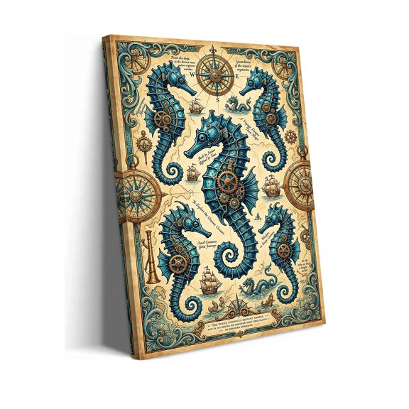 Vintage Steampunk Seahorse Nautical Map Wall Art, Antique Maritime Ocean Illustration, Teal And Brass Coastal Decor-Framed-08x12inch