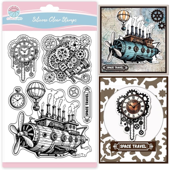Vintage Steampunk Spaceship Gears Clear Stamps Mechanical Clock Transparent Stamps Hot Air Balloon Silicone Stamp for DIY Scrapbooking Photo Album Decorative Cards Making 6.3x4.3in