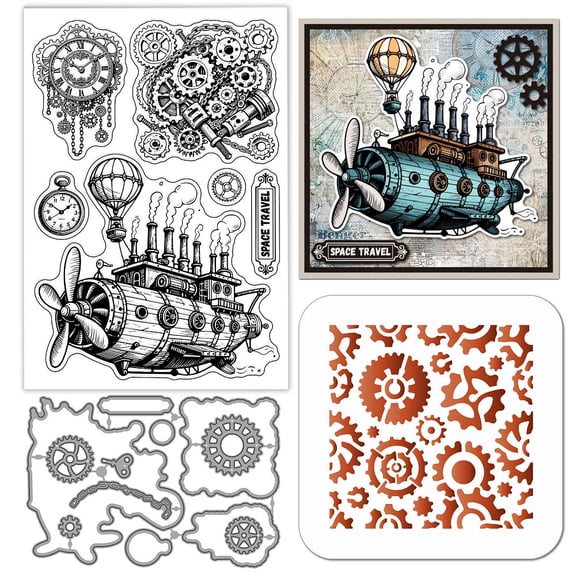Vintage Steampunk Spaceship Gears Die Cuts Clear Stamps Painting Stencils