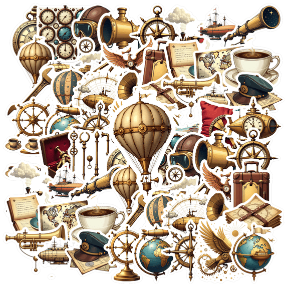Vintage Steampunk Stickers, Waterproof Adventure Sticker for Water Bottle Laptop Phone Cases Planner Skateboard Luggage Helmet Party Favor Decor, Ideal for Adults Teens Teacher Rewards
