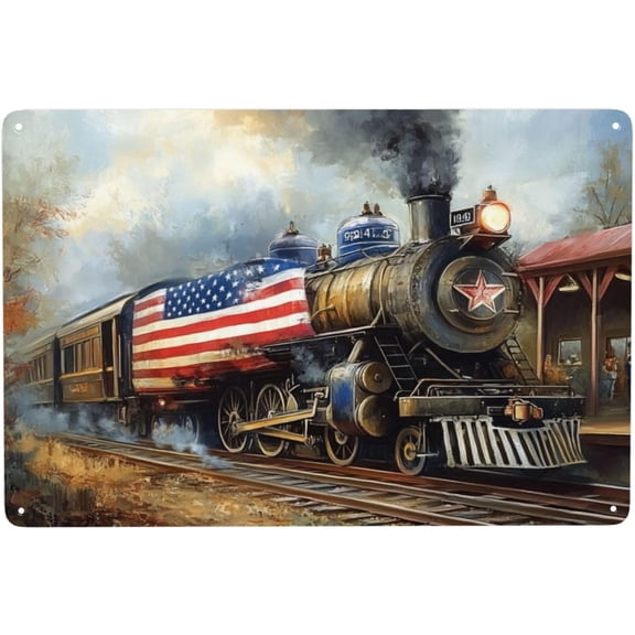 Vintage Steampunk Wall Art Metal Tin Sign Oil Painted Autumn Forest Steam Train American Flag Decor 8x12