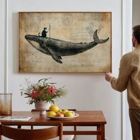 Vintage Steampunk Whale And Poster Cat Nautical Blueprint Design Whimsical Wall Art For Animal And Ocean Lovers , Poster Print Only