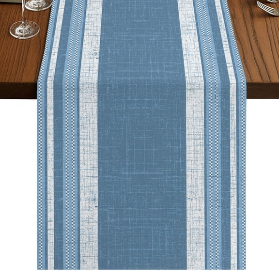 Vintage Steel Blue Striped Burlap Cotton Table Runner 13x36 Inches Short, Farmhouse Modern Stripes Boho Farmhouse Table Runners, Outdoor Dining Tablecloths Decor for Baby Shower/Party/Wedding