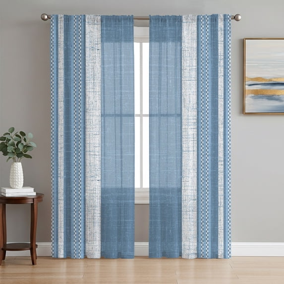 Vintage Steel Blue Striped Sheer Curtains 63 Inches Long, Farmhouse Modern Stripes Boho Light Filtering Window Curtains for Living Room, Rod Pocket Voile Sheer Curtain Drapes, 52"W x 63"L, 2 Panels