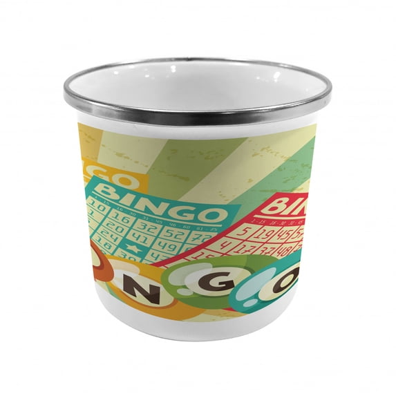 Vintage Steel Camping Mug, Bingo Game with Ball and Cards Pop Art Lottery Hobby Celebration Theme, Printed Thermal Cup for Camping and Outdoor Activities, by Ambesonne