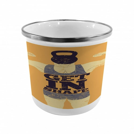 Vintage Steel Camping Mug, Get in Shape with a Male Human Body with Muscles Bodybuilding Comic Design Image Print, Printed Thermal Cup for Camping and Outdoor Activities, by Ambesonne
