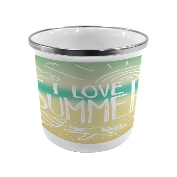 Vintage Steel Camping Mug, Motivational Words over Blured Seaside Beach Background Sunny Skies Print, Printed Thermal Cup for Camping and Outdoor Activities, by Ambesonne