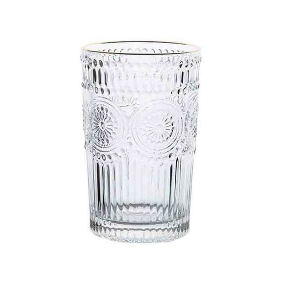 Vintage Stemless Drinking Glasses, Sunflower Embossed Glass Cup with Gold Rim