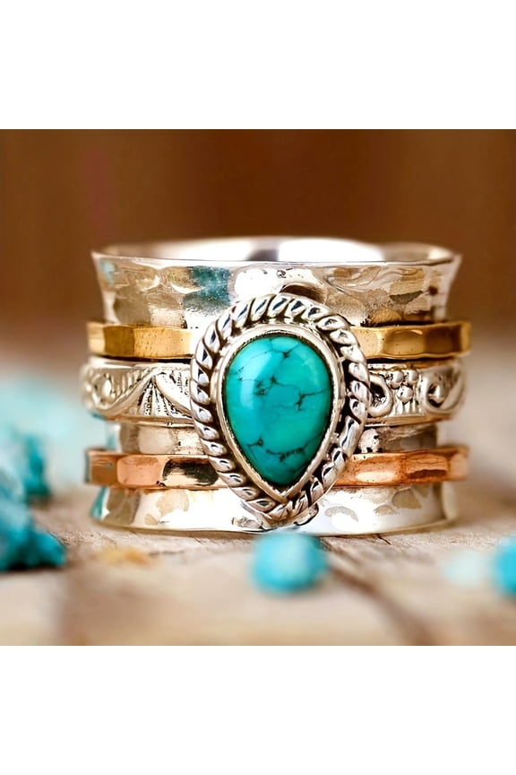 Vintage Sterling Silver Turquoise Ring for Women, Bohemian Style Handmade Dainty Ethnic Healing Stone Ring, Tribal Totem Cut Natural Turquoise Bridal Statement Ring Gift