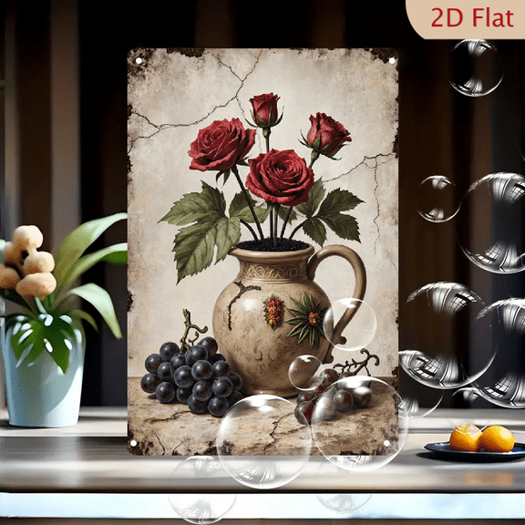 Vintage Still Life Floral Wall Art, 8x12 Inches Metal Tin Sign Featuring Red Roses and Grapes on Ornate Beige Vase, Rustic Antique Decor for Home Kitchen