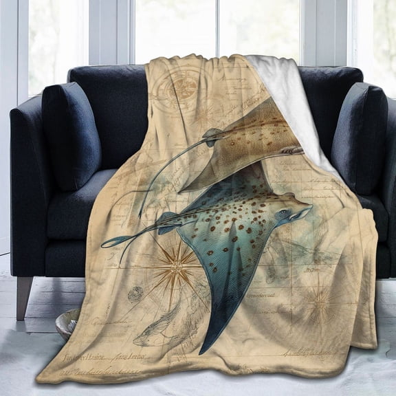Vintage Stingray Scientific Illustration Throw Blanket, Antique Coastal Nautical Art Soft Flannel Fleece, Beach House Decor for Sofa Bed 50x40
