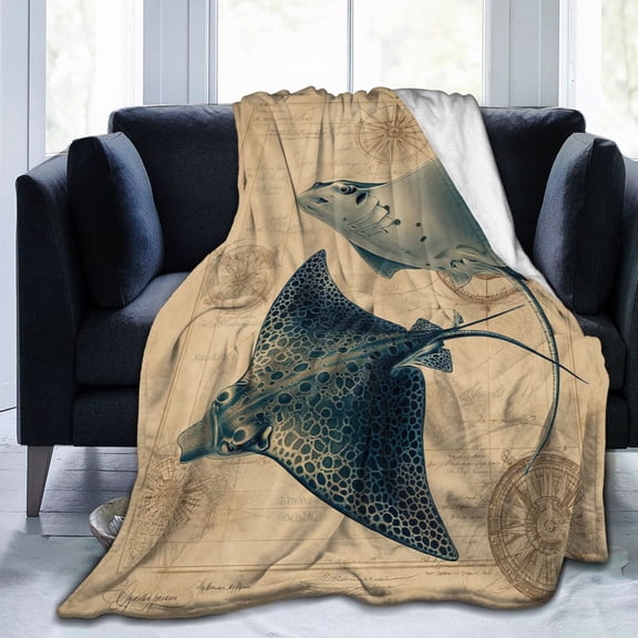 Vintage Stingray Scientific Illustration Throw Blanket, Antique Coastal Nautical Art Soft Flannel Fleece, Beach House Decor for Sofa Bed 50x40