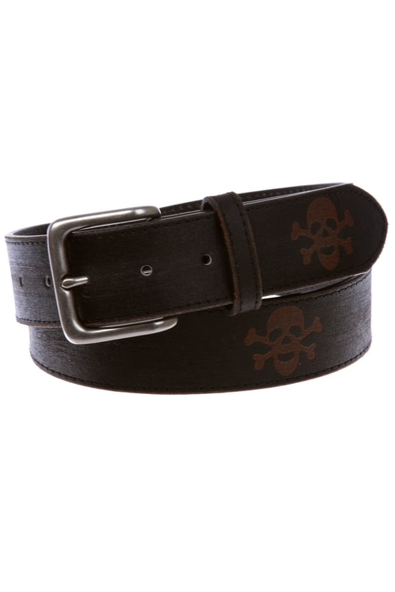 Vintage Stitching-Edged Distressed Embossed Skull & Cross Bones Leather Belt