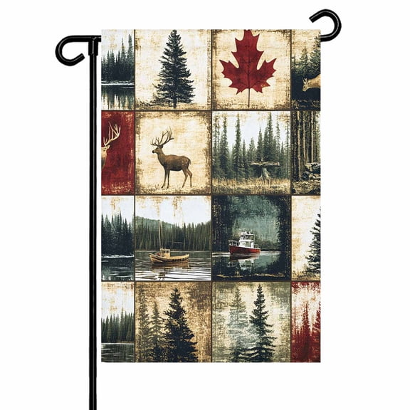 Vintage Stitching Garden Flags for Outside Animal Forest Deer Ship Pattern Double Sided Yard Flags Outdoor House Decoration, Small 12X18 Inch, Brown Green