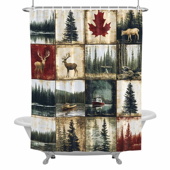 Vintage Stitching Shower Curtain Set with Hooks, Animal Forest Deer Ship Pattern Waterproof Fabric Bathroom Curtains Decor Home Accessories,66 X 72 Inch Long