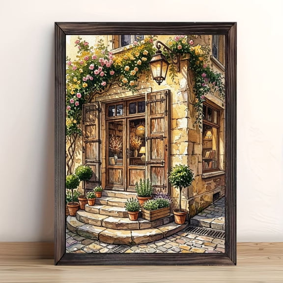 Vintage Stone Bookstore Framed Wall Art, Solid Wood Frame Watercolor Rose Vine Old Street Print, Rustic European Town Wall Decor for Living Room Bedroom Study, 12x16in