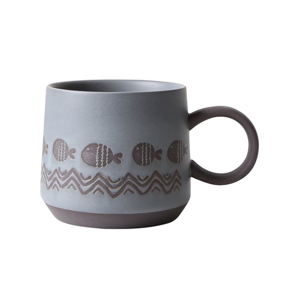 Vintage Stoneware Coffee Cup Wavy Striped Fish Breakfast Oatmeal Mug 450ml