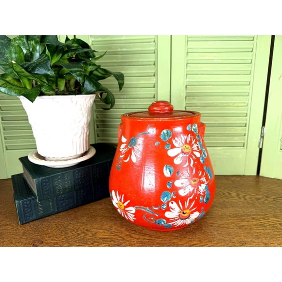 Vintage Stoneware Pottery Cookie Jar Crock, Hand Painted Daisy Flowers on Red Orange, Farmhouse Kitchen, with Lid, Decorative Candy Bowl Container for Sugar, Coffee,Tee, Cookie