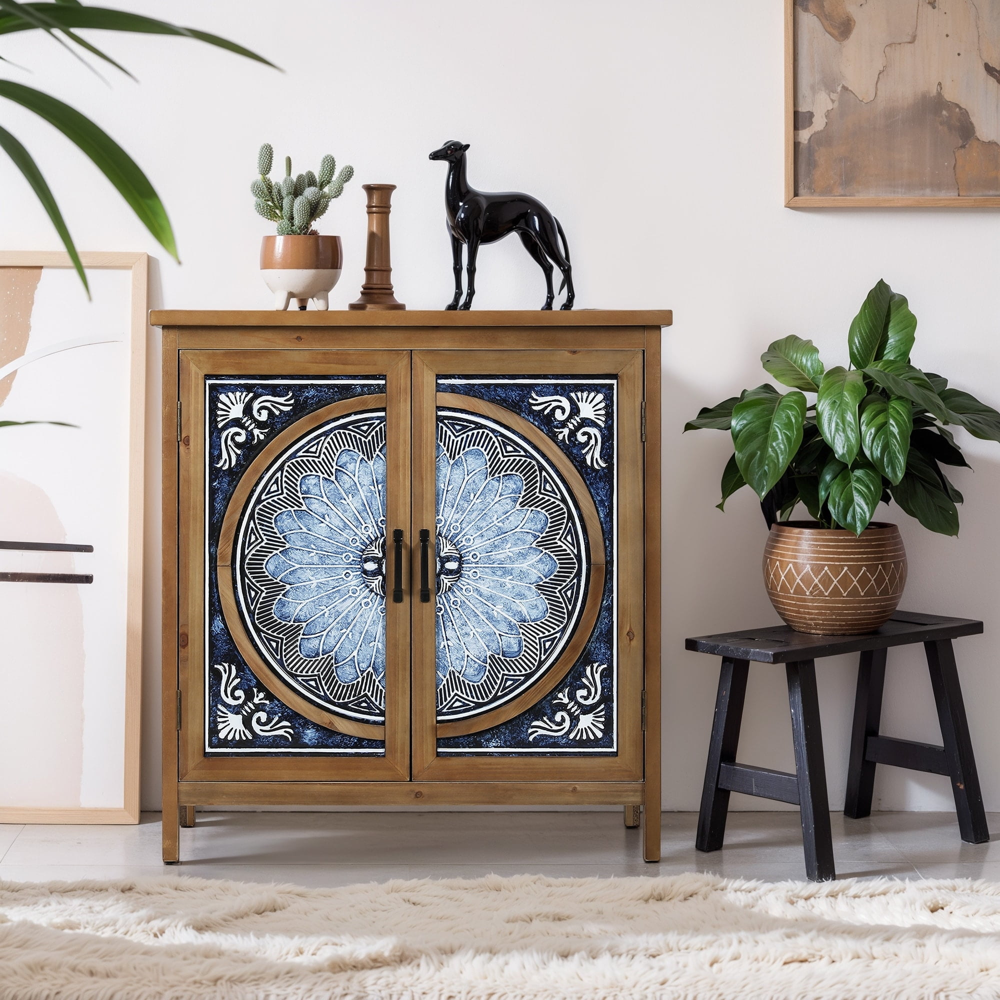 Blue and White Carved Wood Vintage Storage Cabinet