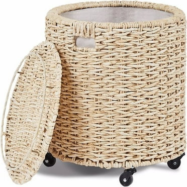 Vintage Storage Basket, Multipurpose Rolling Hamper With Brakable Wheels and Lid, Braid Laundry Bin, Handwave Clothes Toy Organizer Tote for Living Room,Natural