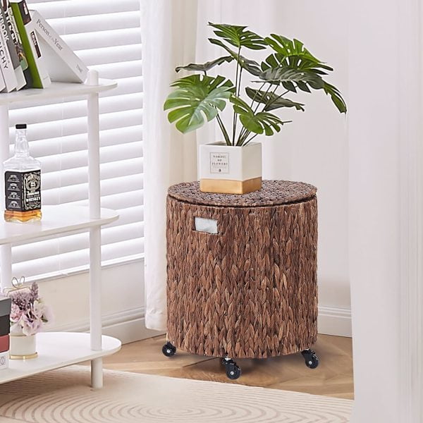 Vintage Storage Basket, Multipurpose Rolling Hamper With Brakable Wheels and Lid, Braid Laundry Bin, Handwave Clothes Toy Organizer Tote for Living Room