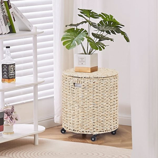 Vintage Storage Basket, Multipurpose Rolling Hamper With Brakable Wheels and Lid, Braid Laundry Bin, Handwave Clothes Toy Organizer Tote for Living Room