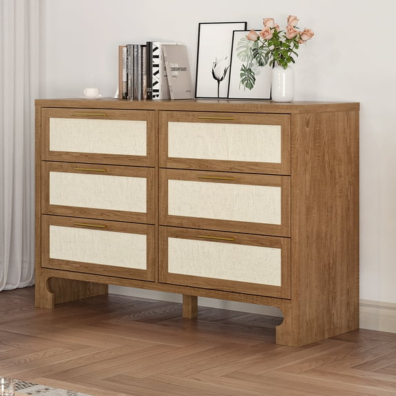 Vintage Storage Cabinet, Dresser for Bedroom with 6 Drawers, Burlap Design Wood Drawer Dresser Chest of Drawers, Large Storage Cabinet for Closet, Living Room, Hallway, Nursery, Kids Bedroom, Caramel