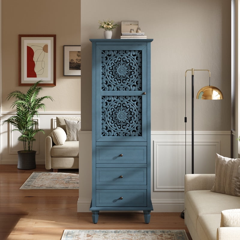 Vintage Storage Cabinet with Carved Door & 3 Drawers, Freestanding Decorative Sideboard, Display Cabinet with Adjustable Shelf