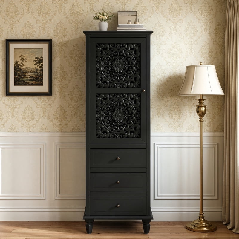 Vintage Storage Cabinet with Carved Door & 3 Drawers, Freestanding Decorative Sideboard, Display Cabinet with Adjustable Shelf