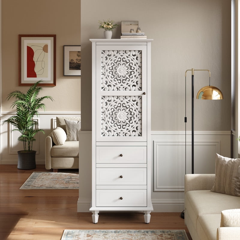 Vintage Storage Cabinet with Carved Door & 3 Drawers, Freestanding Decorative Sideboard, Display Cabinet with Adjustable Shelf