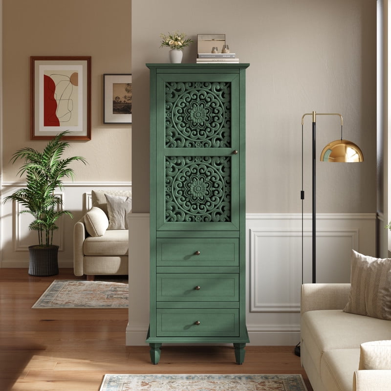 Vintage Storage Cabinet with Carved Door & 3 Drawers, Freestanding Decorative Sideboard, Display Cabinet with Adjustable Shelf