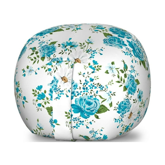 Vintage Storage Toy Bag Chair, Flower Pattern with Daisy and Roses Nostalgic Romantic Spring Composition, Stuffed Animal Organizer Washable Bag, Large Size, Blue Green and White, by Ambesonne