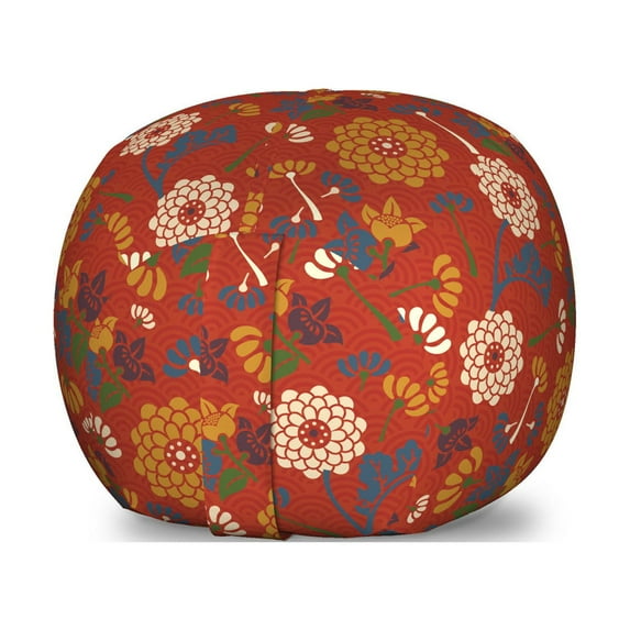 Vintage Storage Toy Bag Chair, Flower Silhouettes on a Half Circle Scale Background Spring Blossom Theme, Stuffed Animal Organizer Washable Bag, Large Size, Multicolor, by Ambesonne