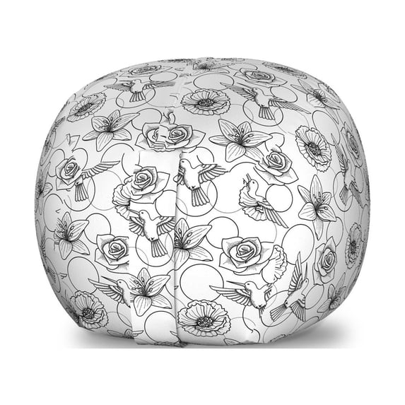 Vintage Storage Toy Bag Chair, Modern Pattern with Various Flower Petals and Flying Colibri Birds, Stuffed Animal Organizer Washable Bag, Large Size, Charcoal Grey and White, by Ambesonne