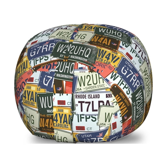 Vintage Storage Toy Bag Chair, Original Retro Style License Plates Personalized Creative Travel Vacation, Stuffed Animal Organizer Washable Bag, Large Size, Green Blue Yellow, by Ambesonne