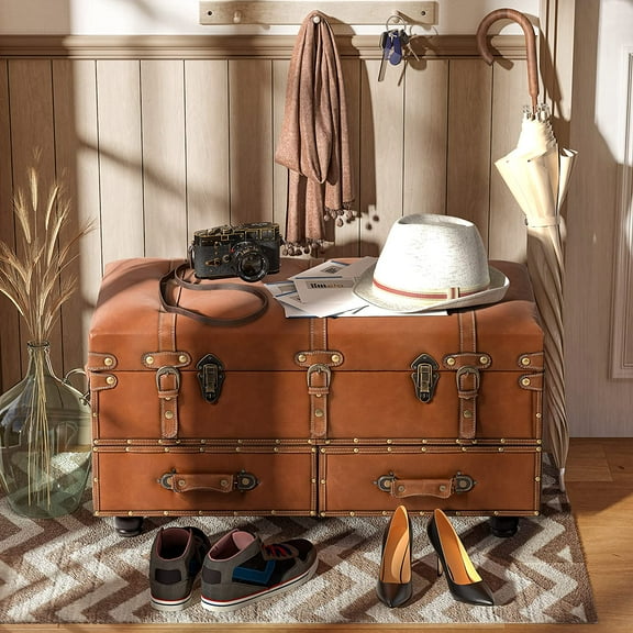 Vintage Storage Upholstered Mid-Century Bed Faux Leather Storage Ottoman Accent Storage Chest for Hallway, Entryway, Bedroom, Tan