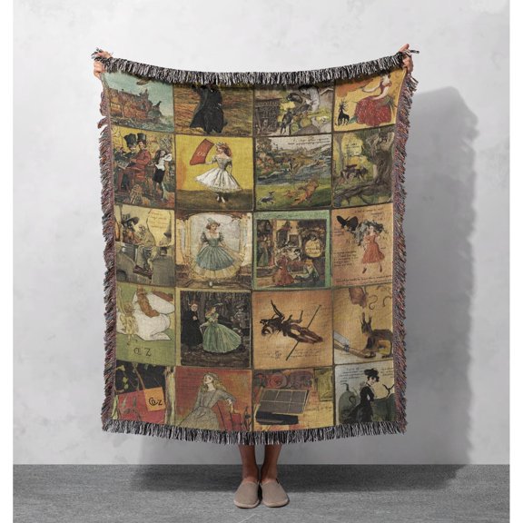 Vintage Storybook Collage in Muted Tan and Sage Green Woven Blanket, 100% Cotton, Victorian Style
