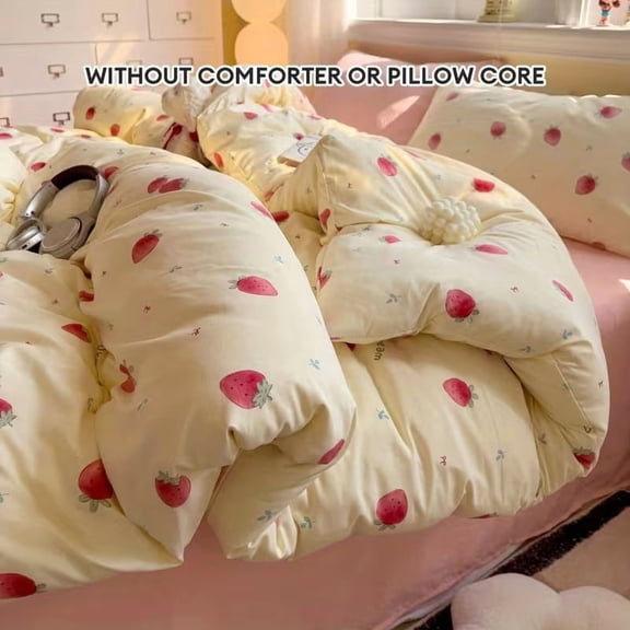 Vintage Strawberry Bowknot Bedding Set 4-Piece Twin Full Size Soft Synthetic Fiber Comforter Set with Fitted Sheet and Pillowcases