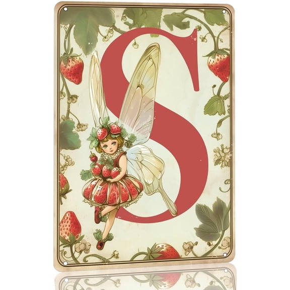 Vintage Strawberry Fairy Metal Wall Sign 8x12 Inch Tin Kitchen Decor with Pre-Drilled Holes