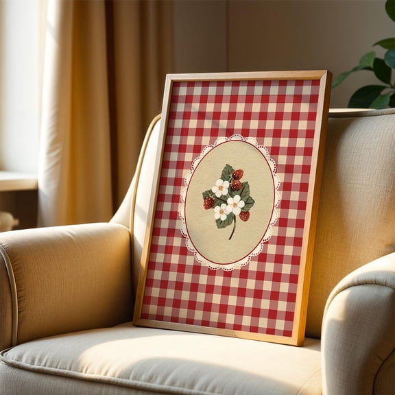 Vintage Strawberry Gingham Print, Cottagecore Botanical Fruit, French Country Farmhouse Kitchen Decor, Grandmillennial Wall Art Home Decor #159, Stretched Canvas Size 8x12