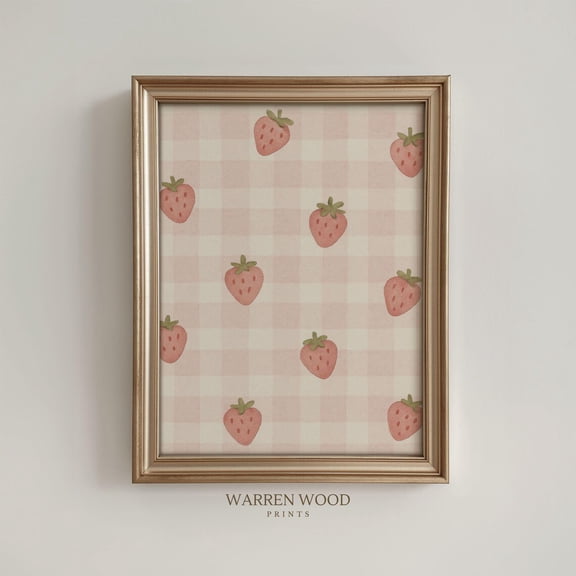 Vintage Strawberry Gingham Print, Pink Nursery Wall Art, Cottagecore Fruit Decor, Girl’S Room Print, Rustic Minimal Kitchen Print Home Decor #1656, Unframed Poster Size 8x12