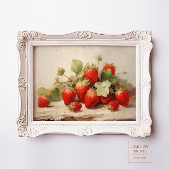 Vintage Strawberry Print, Botanical Farmhouse Wall Art, Rustic Kitchen Decor, Cottagecore Dining Room, Home Decor #2209, Unframed Canvas Size 8x12