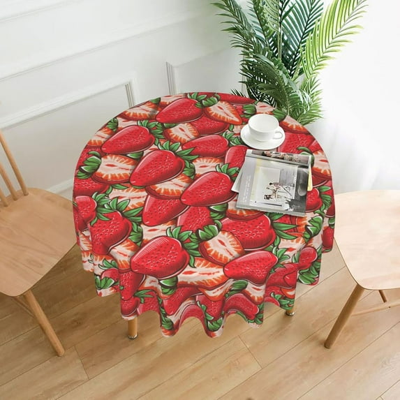 Vintage Strawberry Print Tablecloth Round Table Cover Washable Polyester Table Cloth for Kitchen Party Picnic Dining Decor 60 Inch