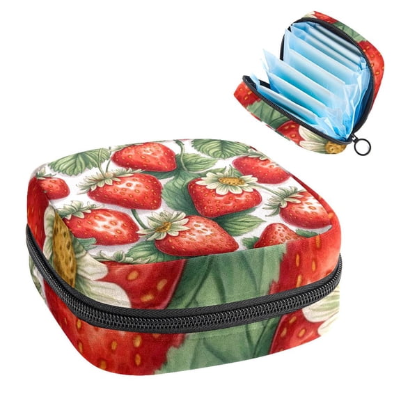 Vintage Strawberry Red Berry Seamless Pattern Sanitary Napkin Storage Bag, Zipper Menstrual Cup Pouch Feminine Menstruation First Period Pads Holder for Girls Women Ladies