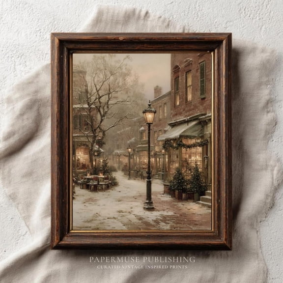 Vintage Street Art Print, Old Worldvillage , Cozy Winter Café Wall Decor, Nostalgic ,, Unframed Canvas Size 24x36